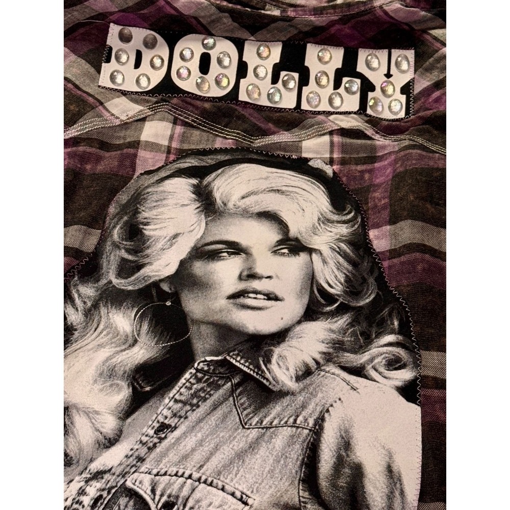 Custom Dolly Parton Rhinestone Bleached Plaid Western Snap Shirt Purple XL
